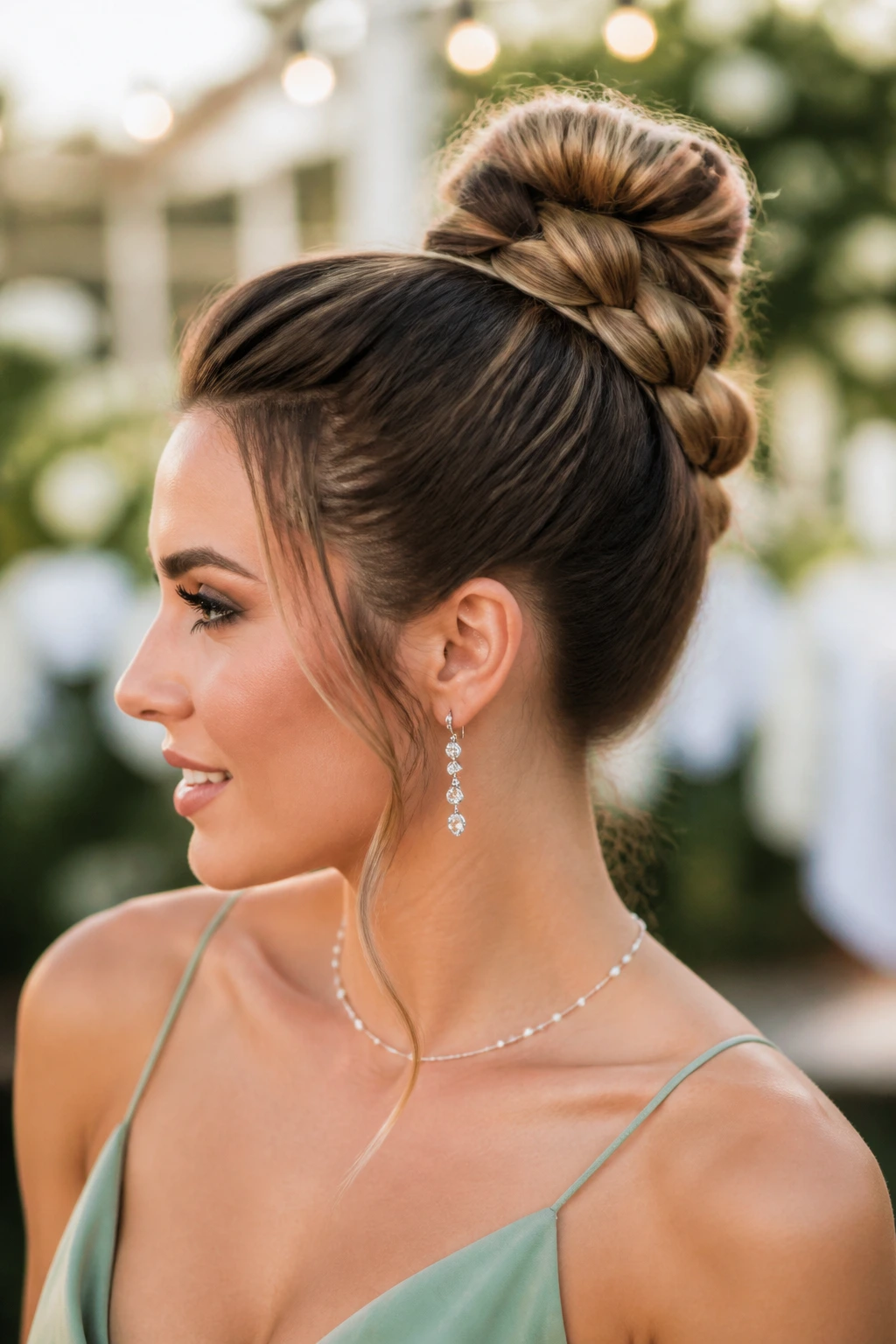 Real woman with bubble-braid bun in garden setting