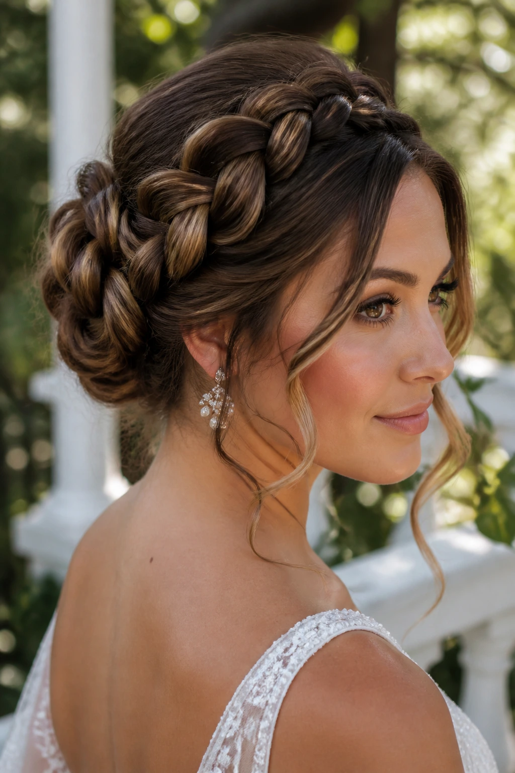 Close-up of a real bride with a bubble braid bun hairstyle