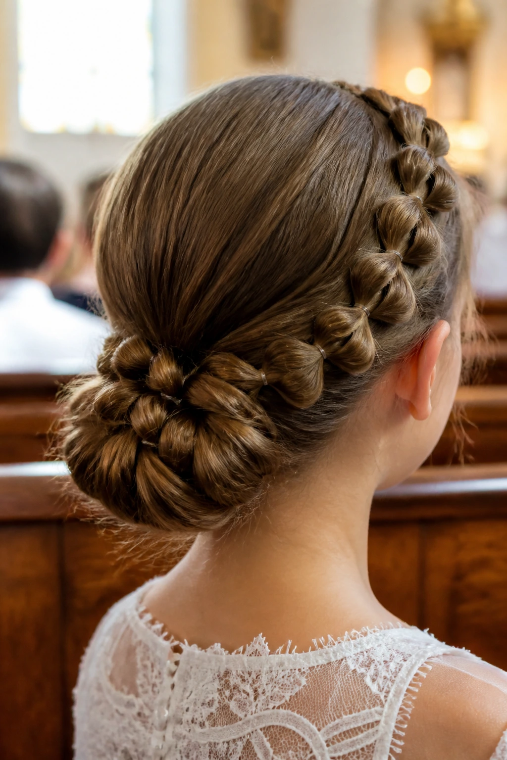 Close-up of a child’s bubble braid bun at the nape in a church setting