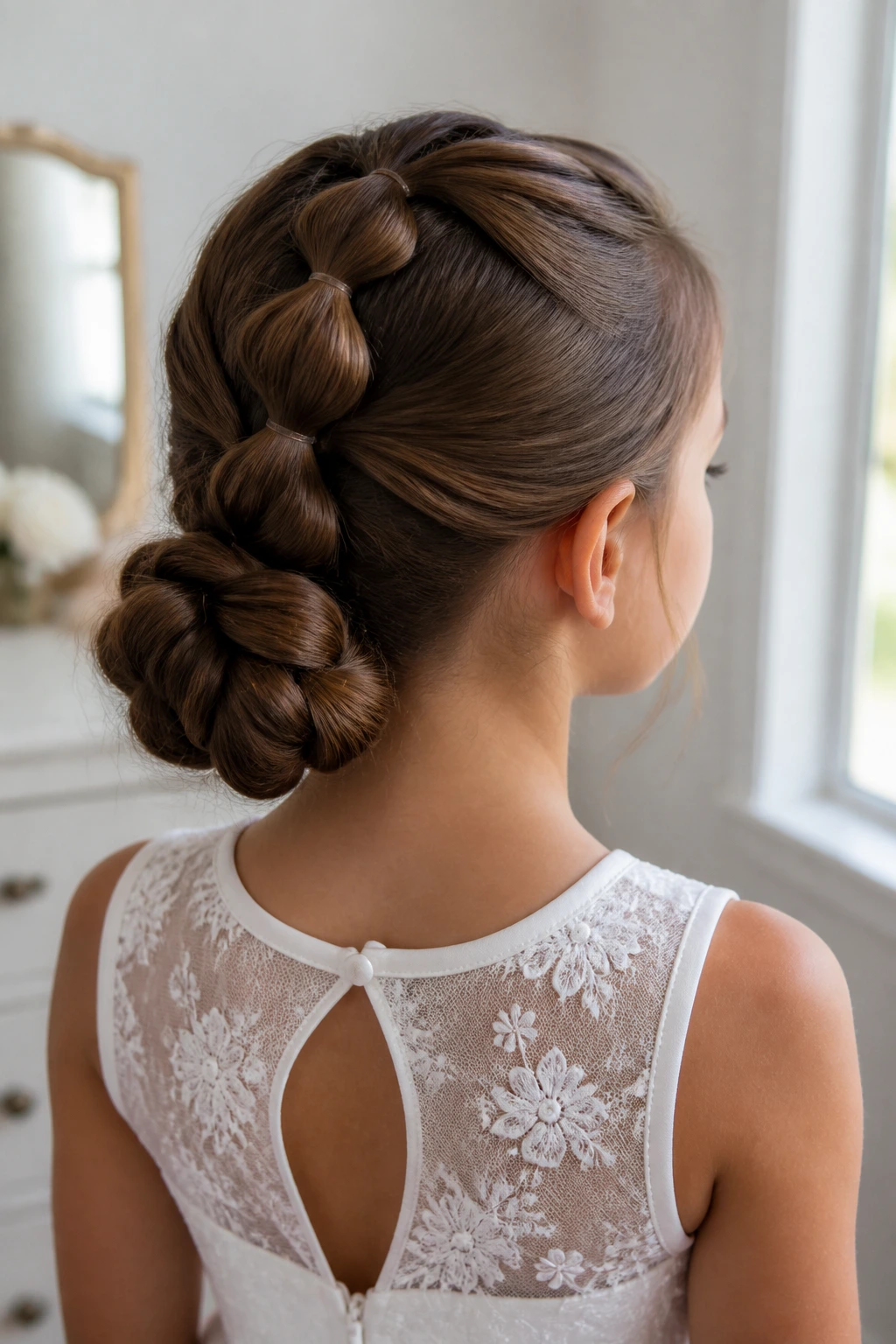 Three-quarter rear view of a real child with bubble braid bun
