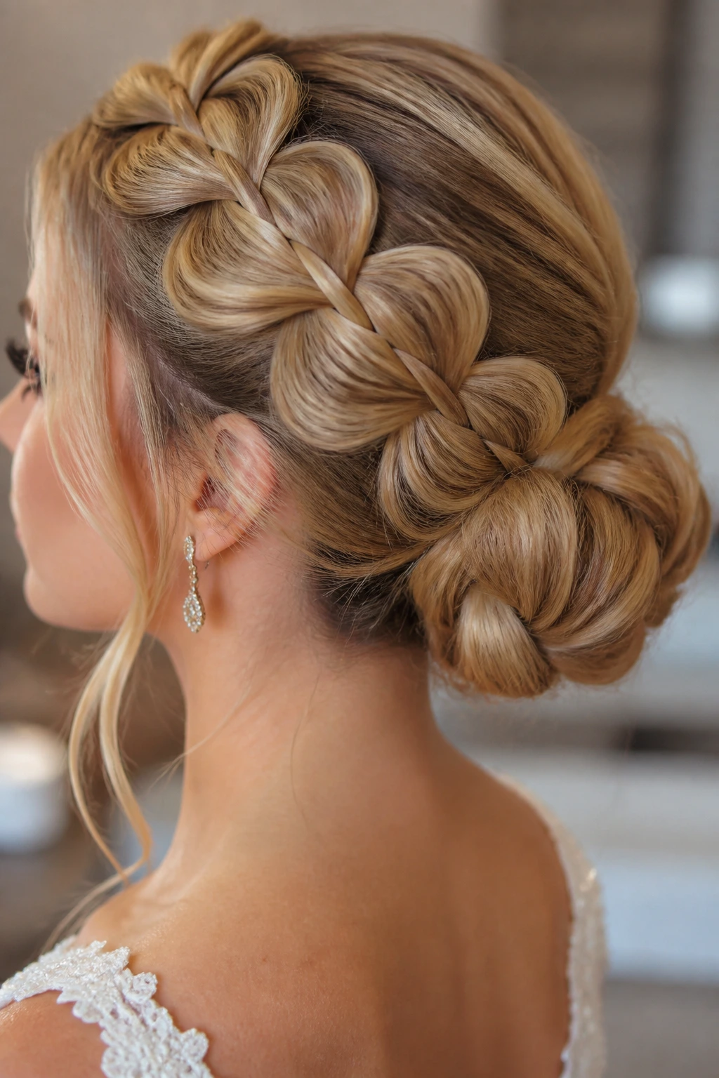 Bride with bubble braid flowing into a low bun at the nape