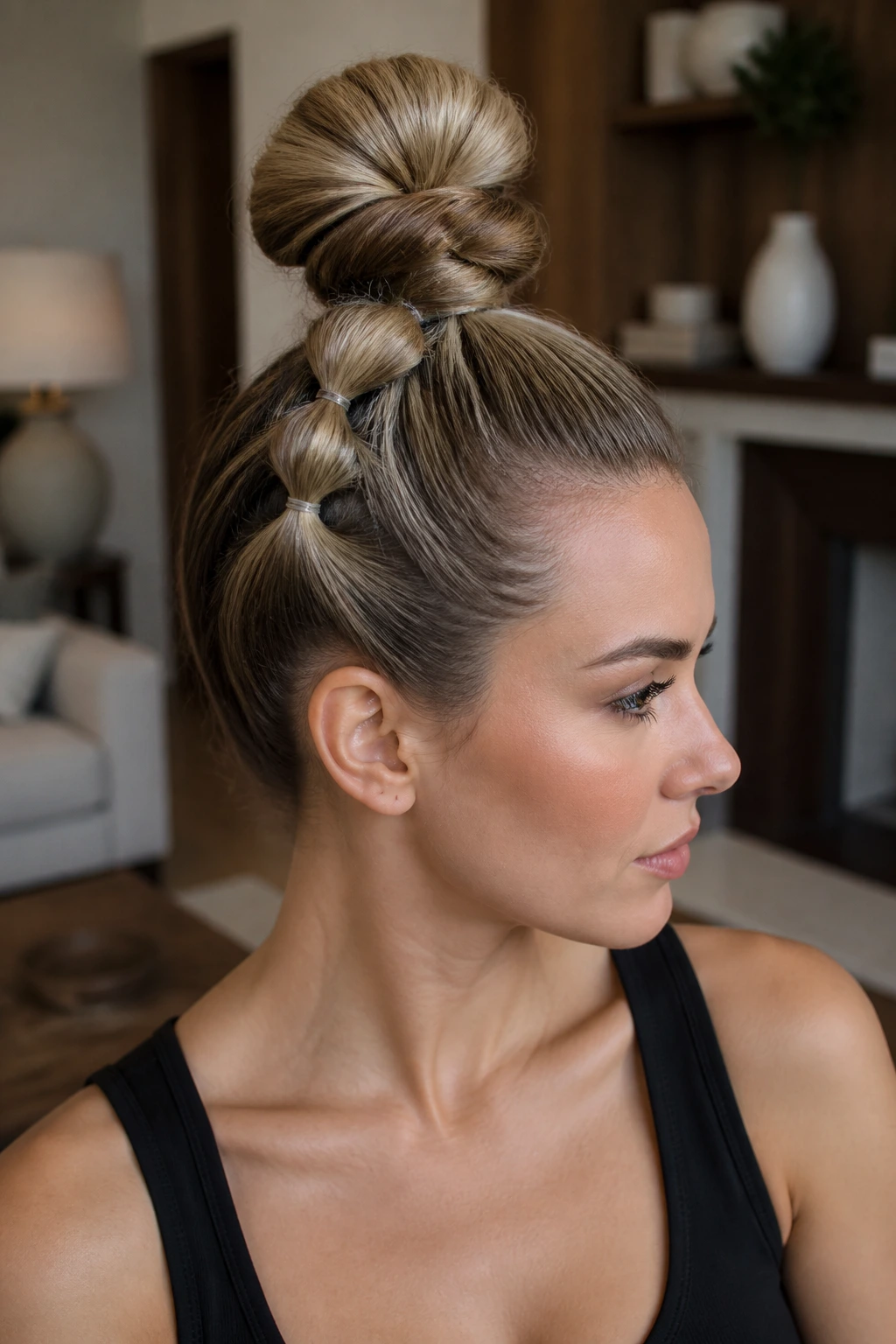 Close-up of real woman with bubble braid leading into bun at crown.
