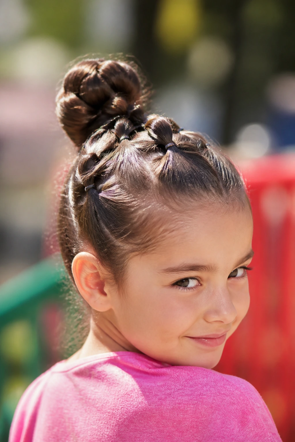 Side-profile of a real girl's head showing a bubble braid ponytail formed into a bun outdoors