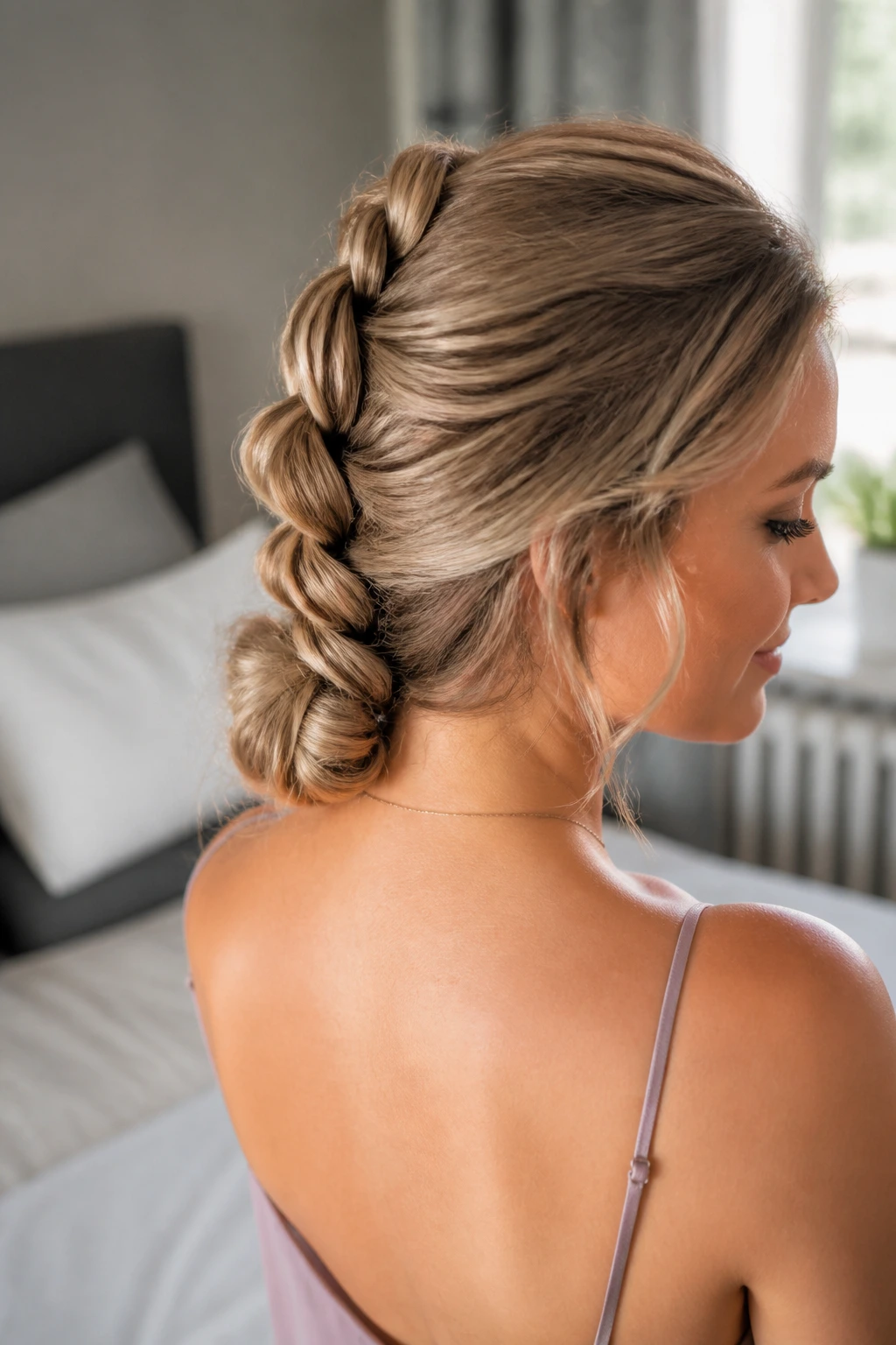 Close-up of a real woman with a bubble braid forming a bun under natural window light