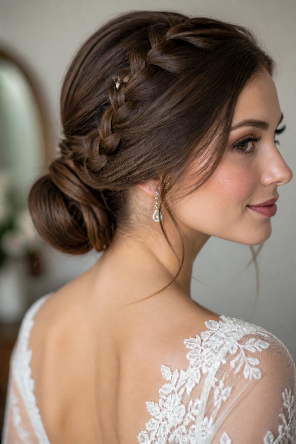 Low chignon with bubble braid detail on real bride