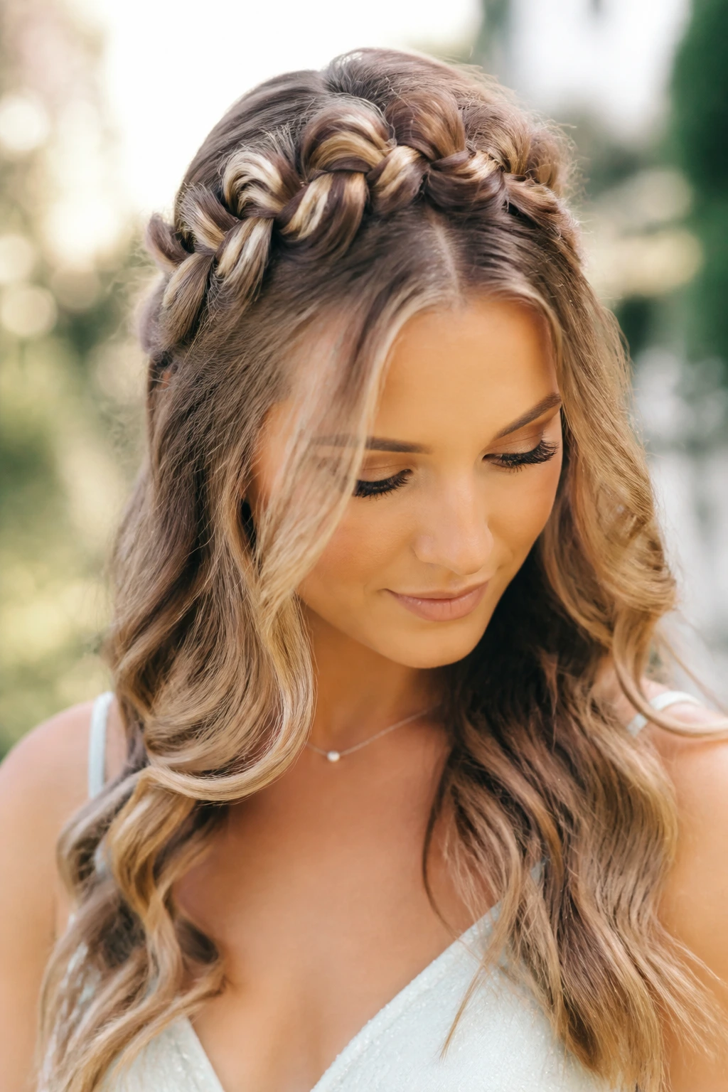 Close-up of a real woman with bubble braid crown half-up and loose waves.