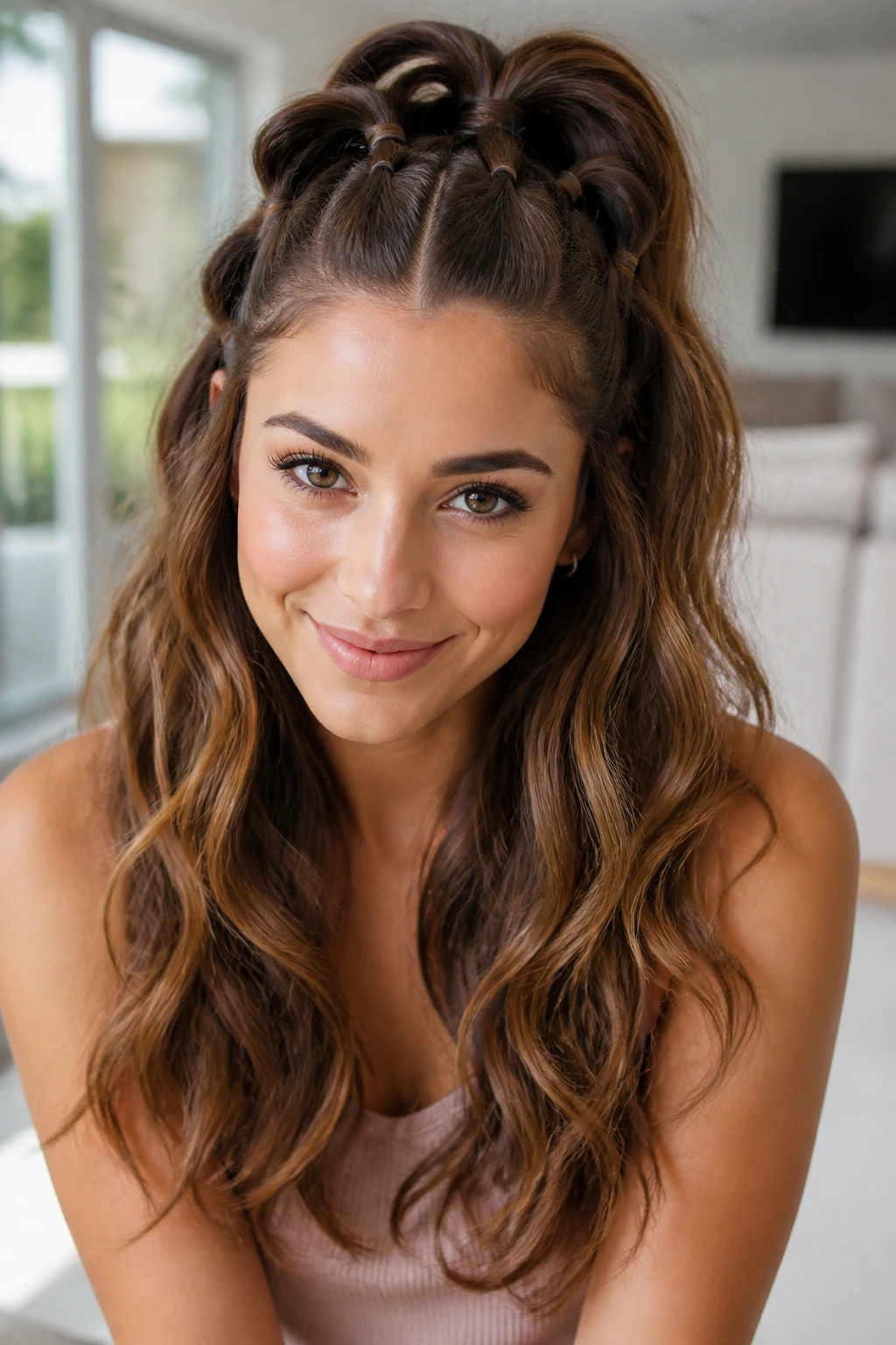 Close-up of a real woman showing bubble braids on the top half and soft waves on the bottom half.