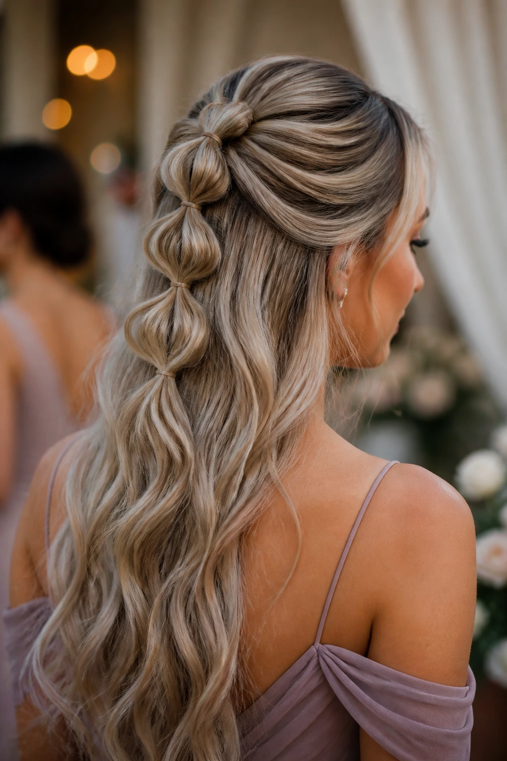 Close-up of real bridesmaid with bubble braid half-up hairstyle