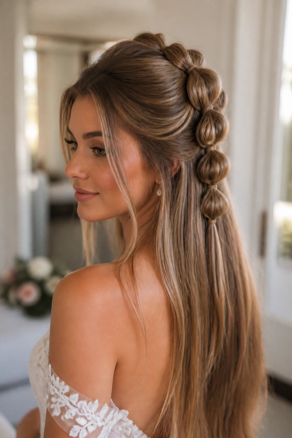 Close-up of a real bride with a bubble braid half-up and glossy lengths in a softly lit bridal suite