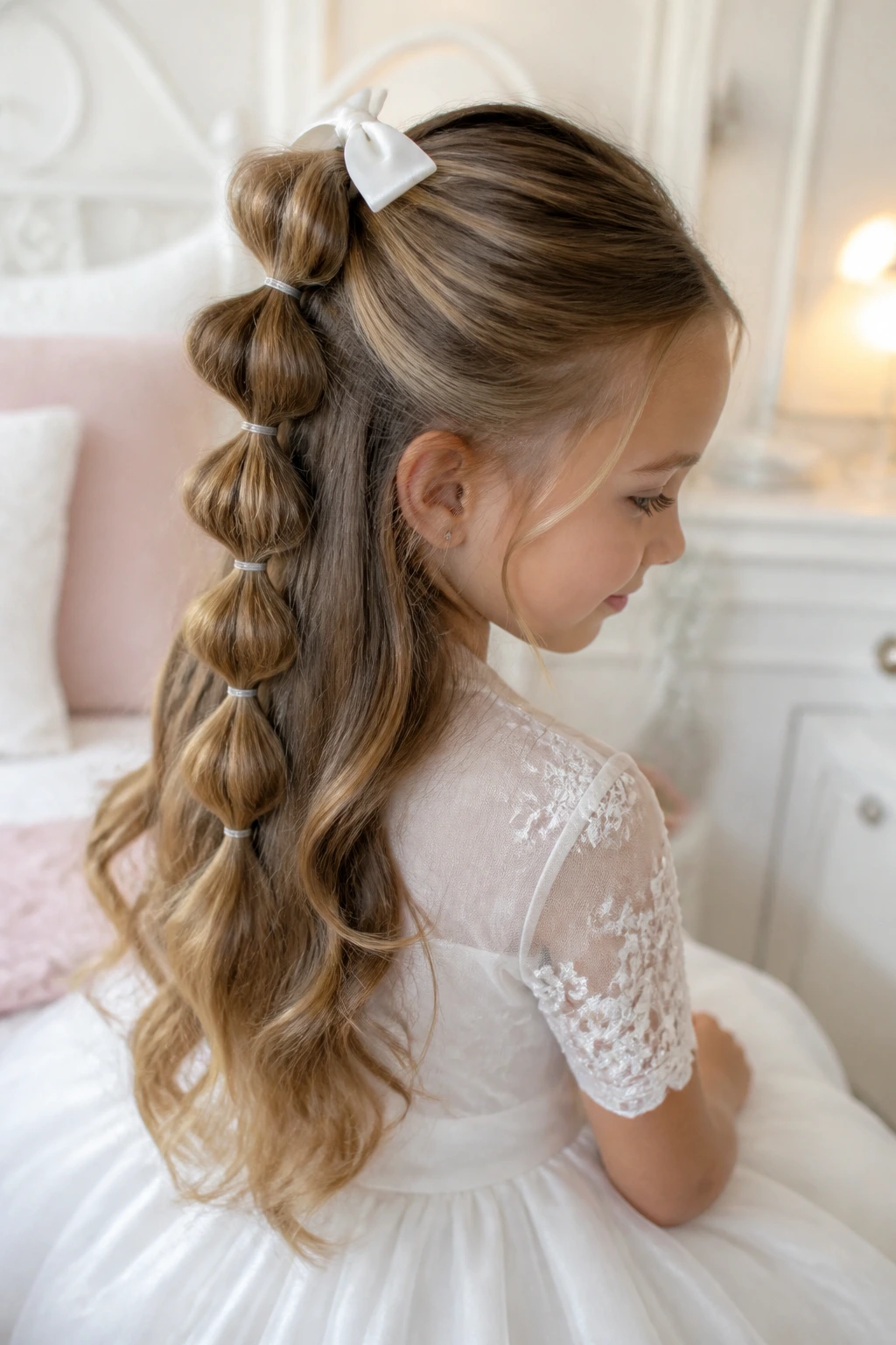 Close-up of a real girl's bubble braid half-up hairstyle with rounded bubbles in soft window light.