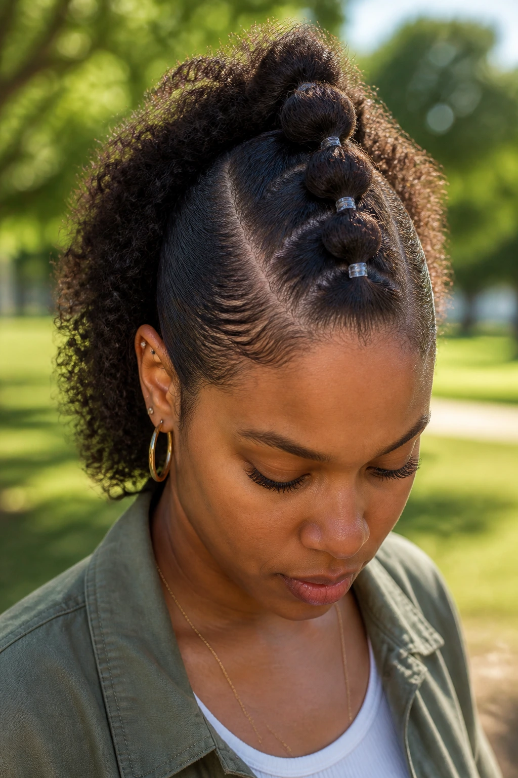 Close-up of Bubble-Braid Hawk with rounded bubble sections along the braid on a real person