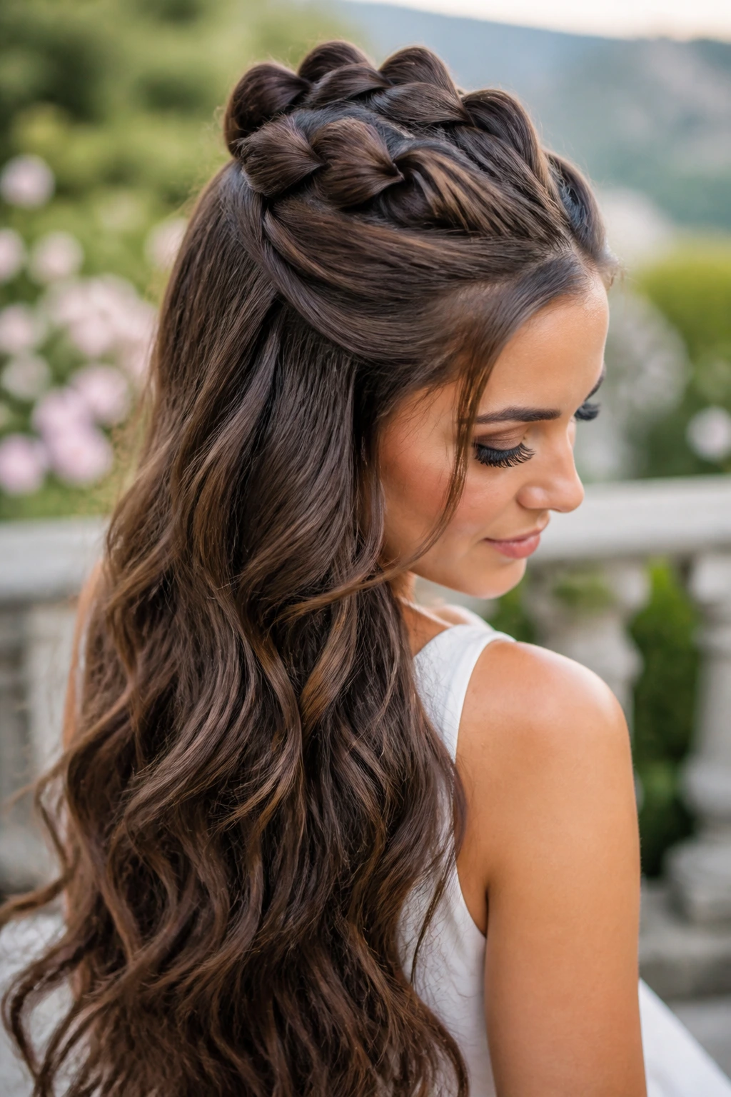 Bride with long hair in a bubble braid half-up style on a sunny garden terrace