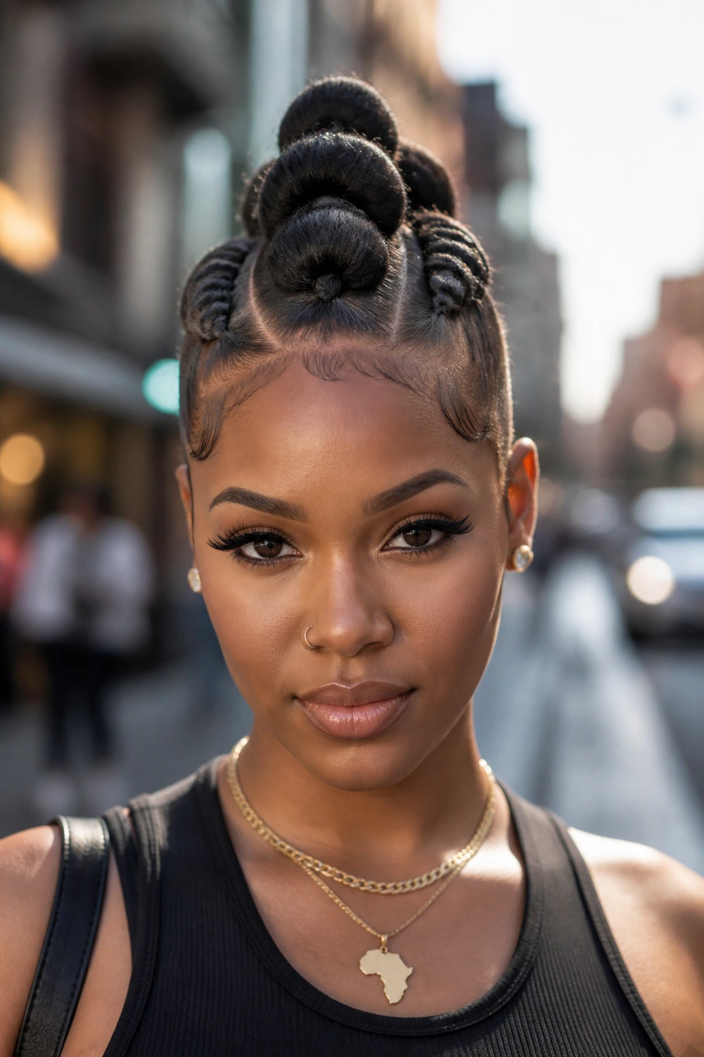 Close-up portrait of a real Black woman with bubble braid mohawk on a city street