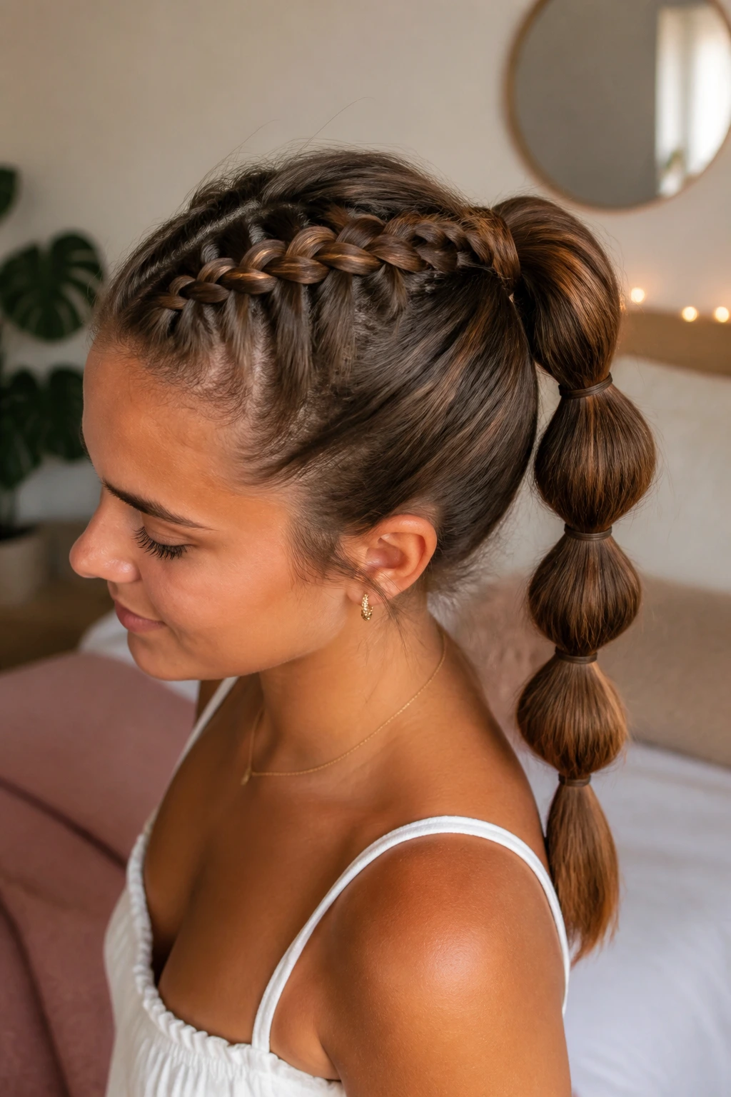 Close-up of a real woman with a Dutch braid forming bubbles into a ponytail