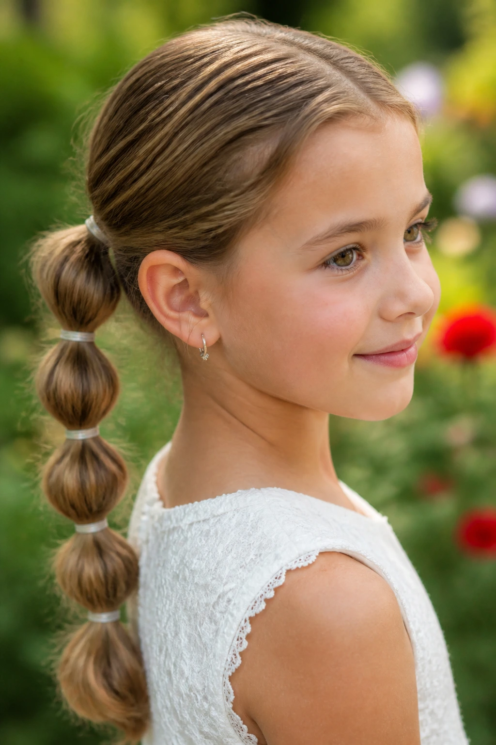 Close-up of bubble braid ponytail with tiny elastics on a real child