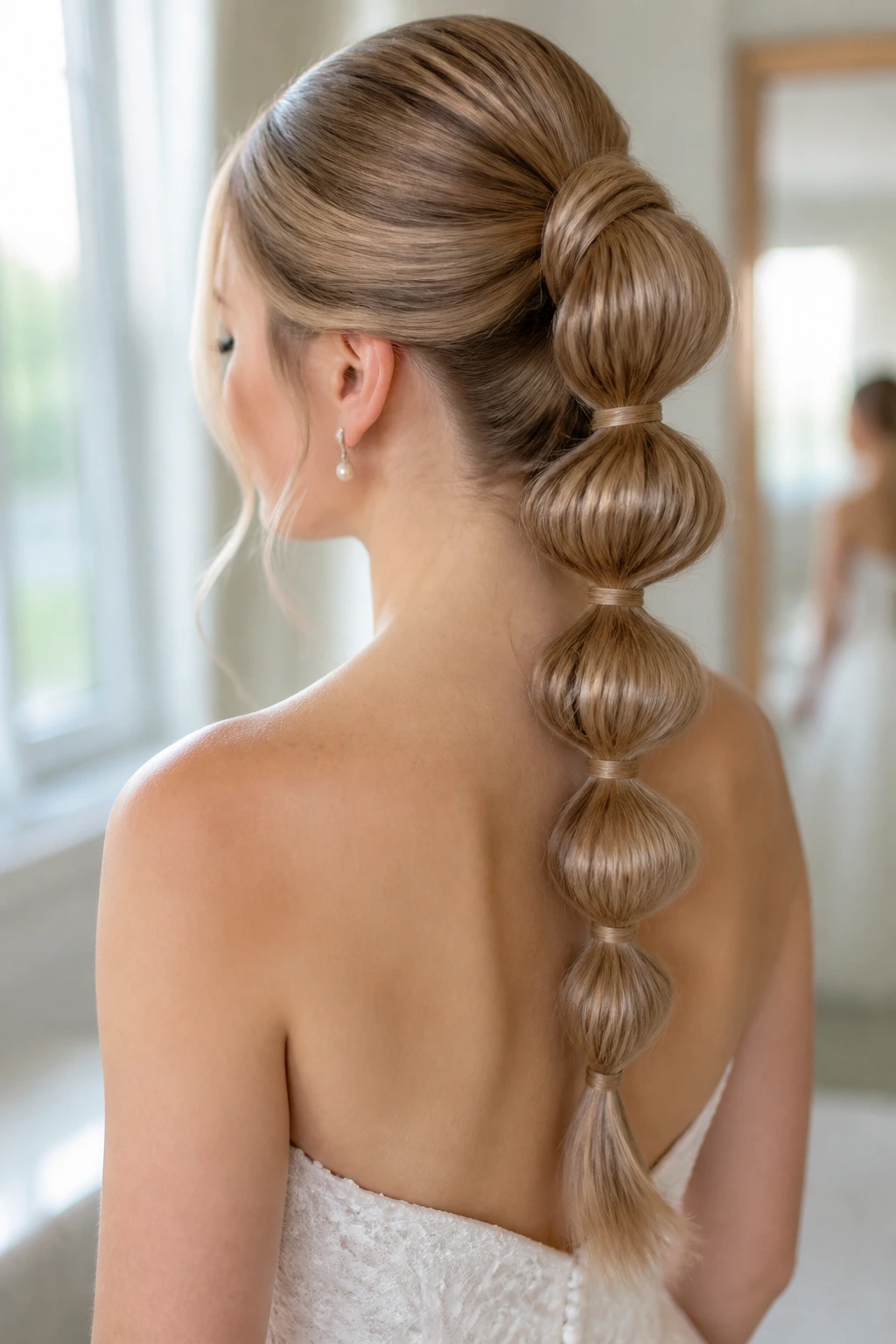 Close-up of long bubble braid with satin finish on a real bride in a bridal dressing room