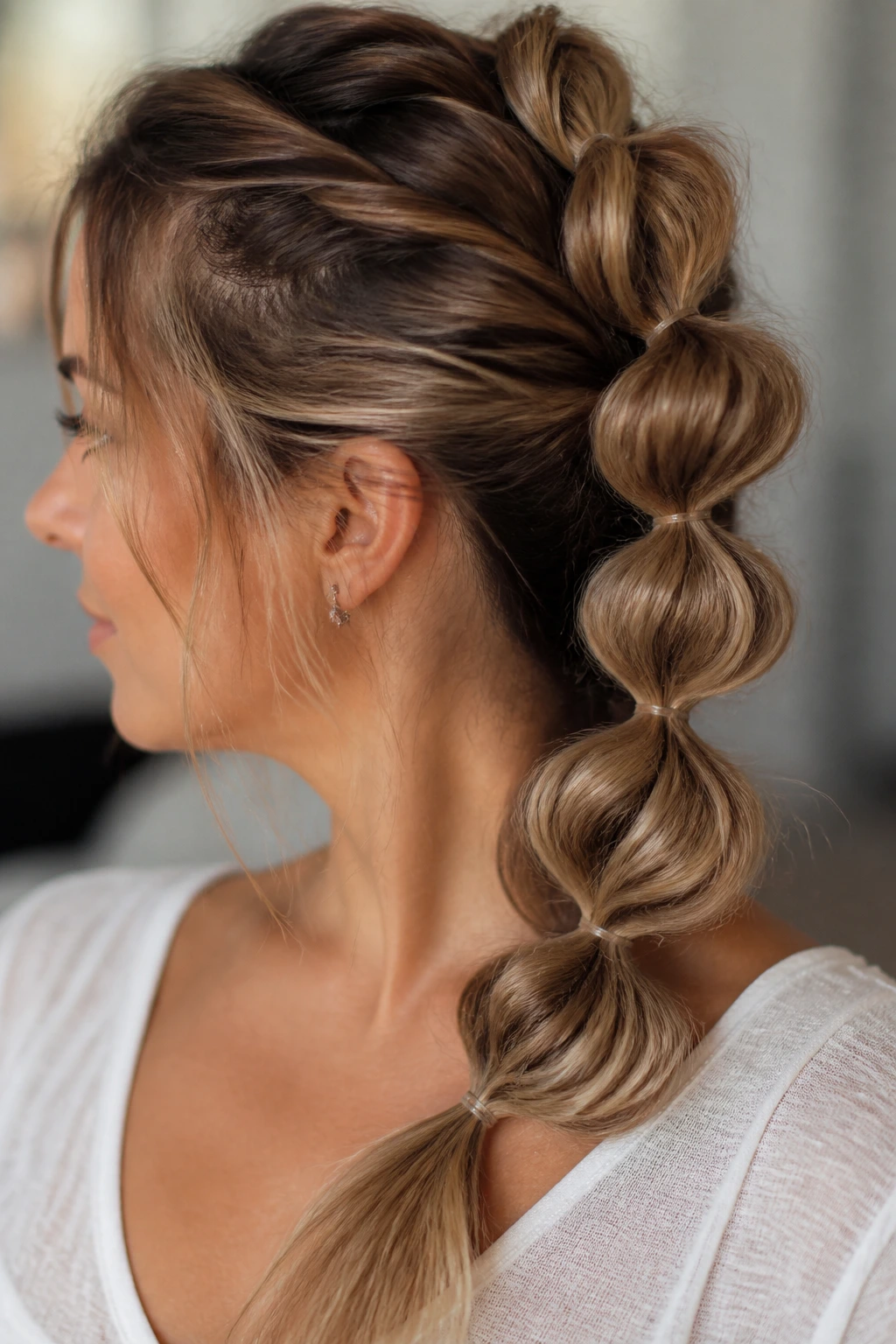 Close-up of a real woman's head with a bubble faux braid featuring twisted sections and bubbly segments