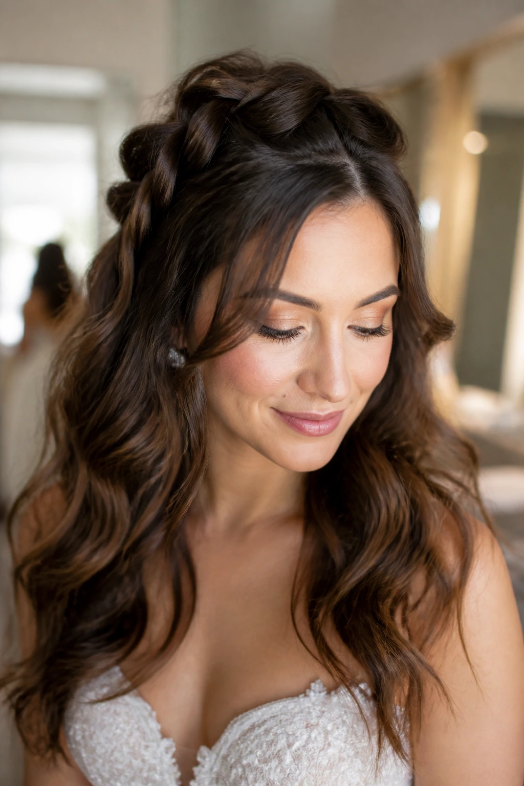 Bride's hairstyle with bubble-braid accent and flowing waves