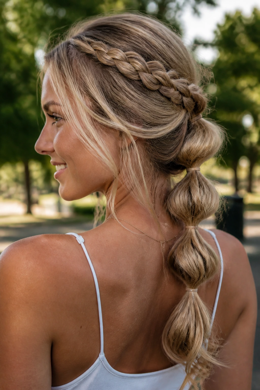 Close-up of bubble braid with woven sections on a real person outdoors