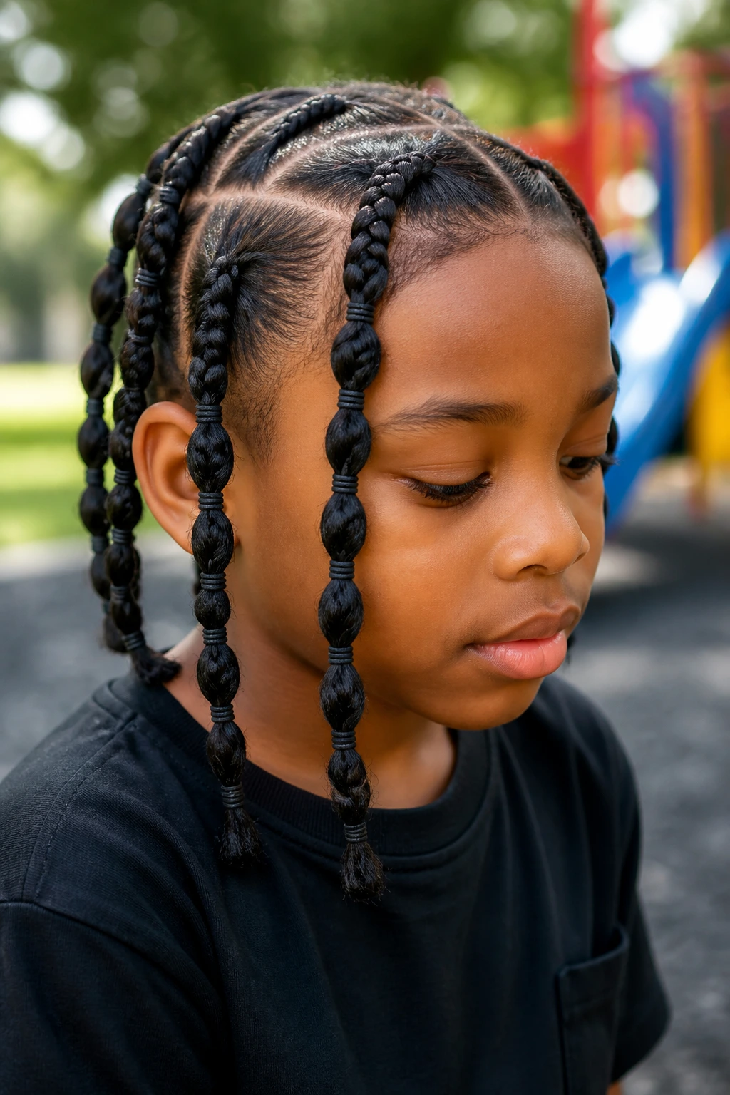 Close-up of a real boy with box braids featuring a bubble finish.