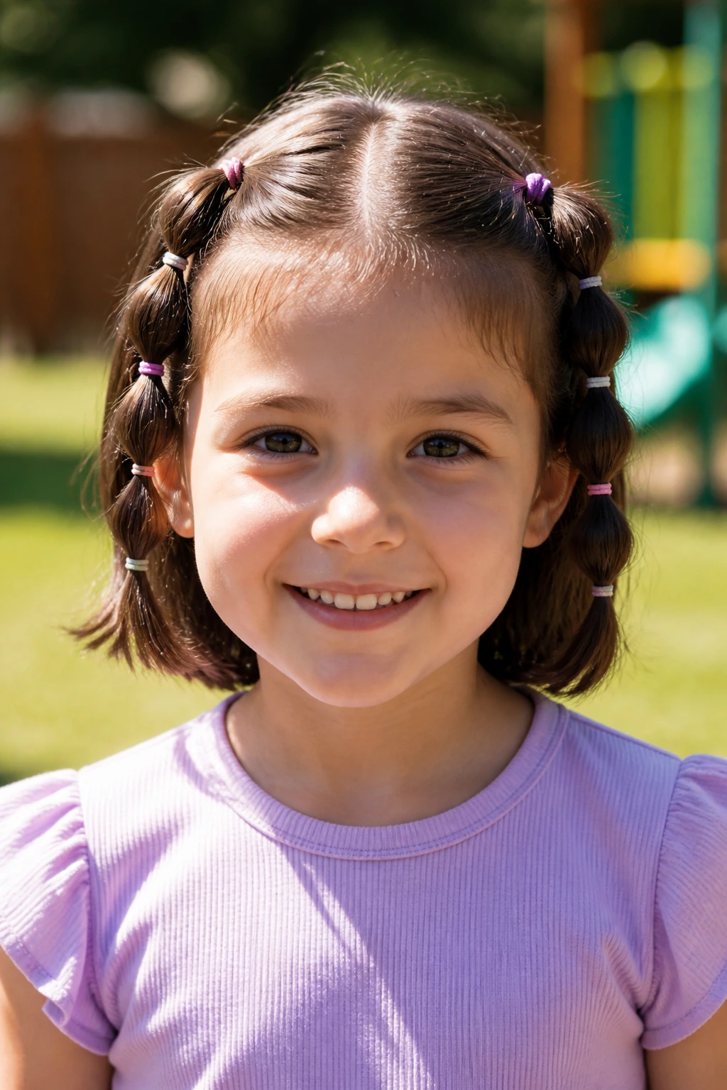 Front close-up of a girl with bubble braids on short hair