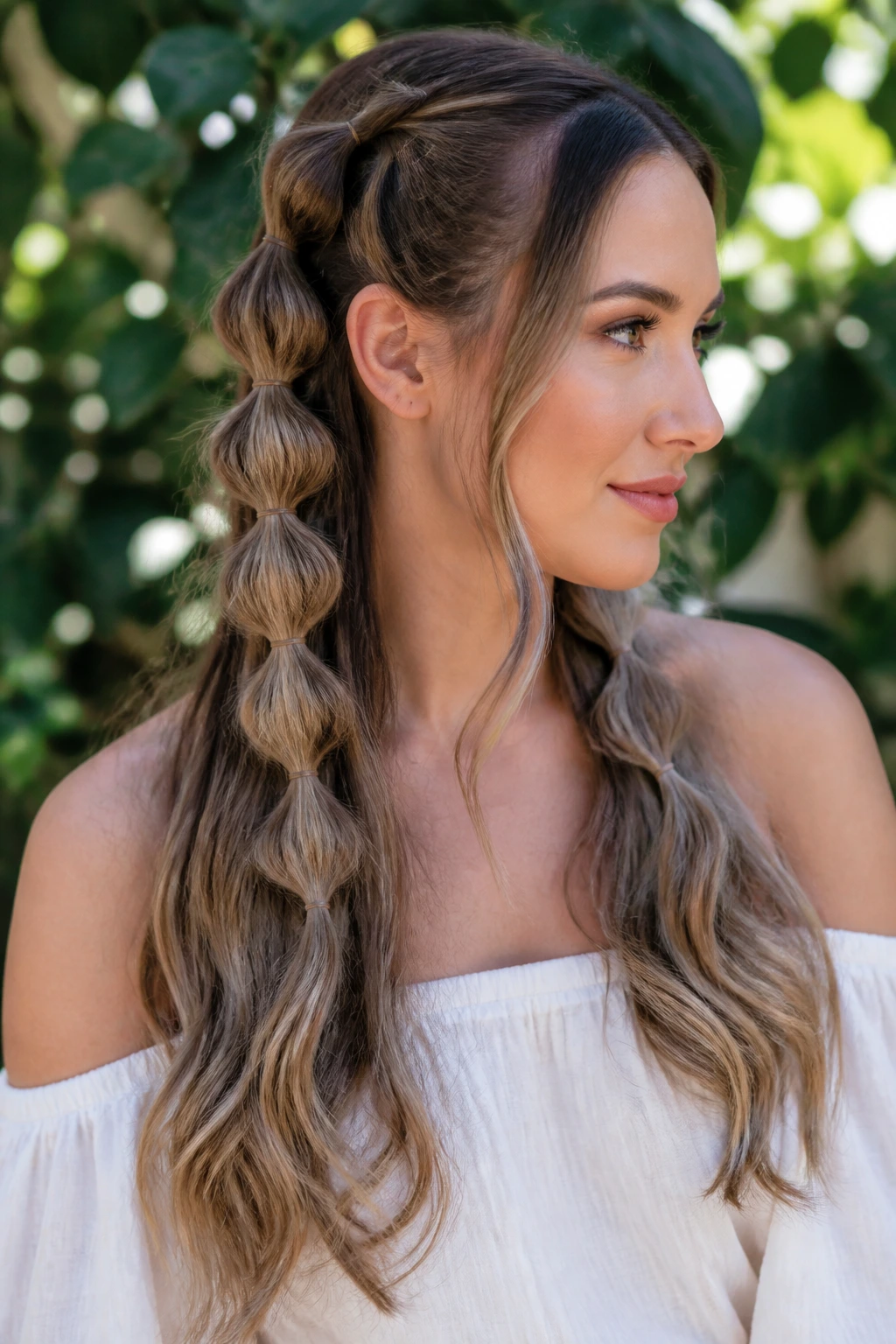 Profile view of a woman with bubble braids and waves