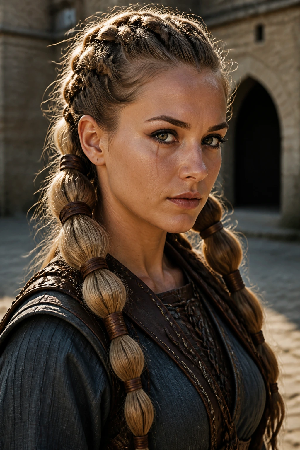 Close-up of a real woman with bubble braids wrapped in leather under sunny outdoor light.
