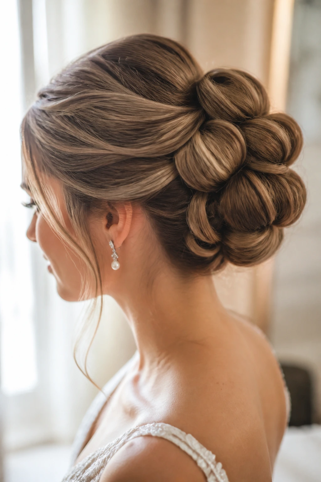 Close-up of a real bride's Bubble-Pinned Bun with bubble segments in a bridal suite.