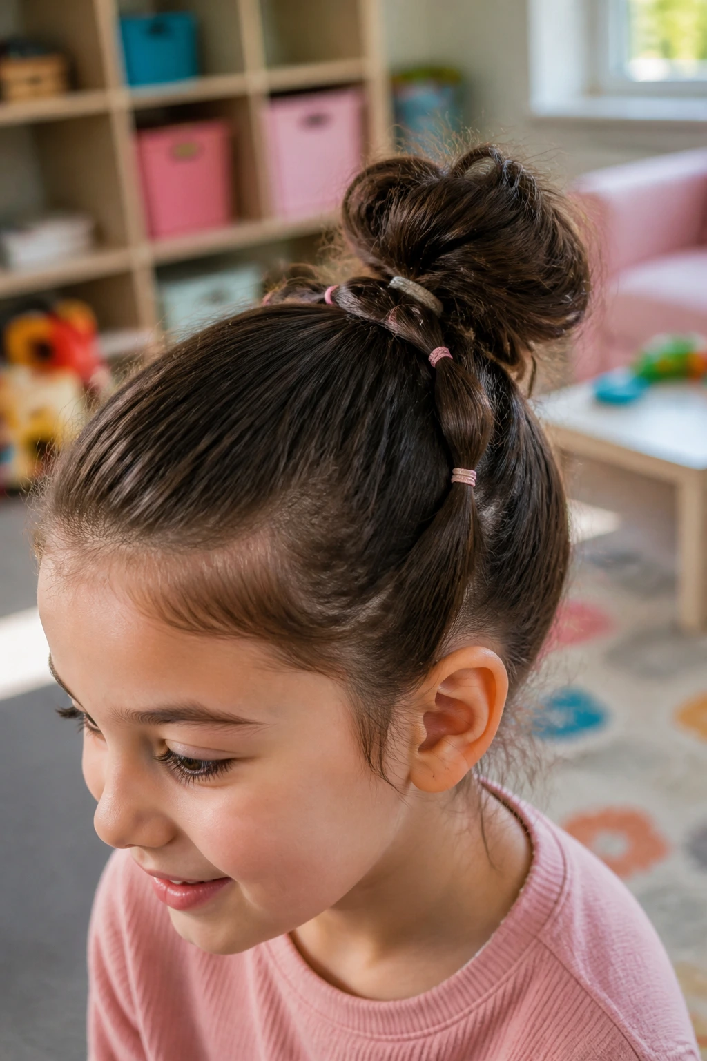 Close-up of a girl with a bubble section bun