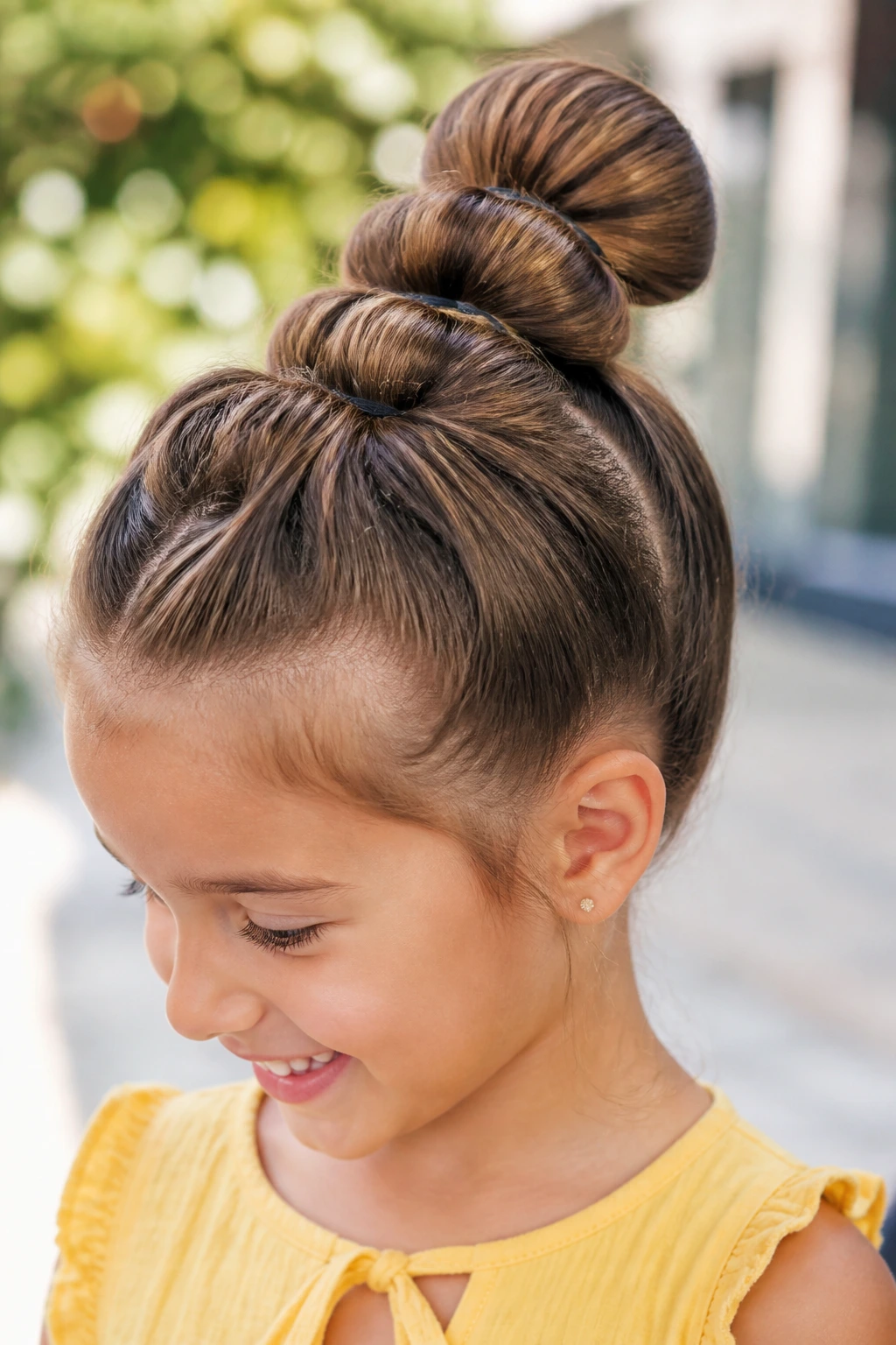 Close-up of a child with a bubble bun hairstyle