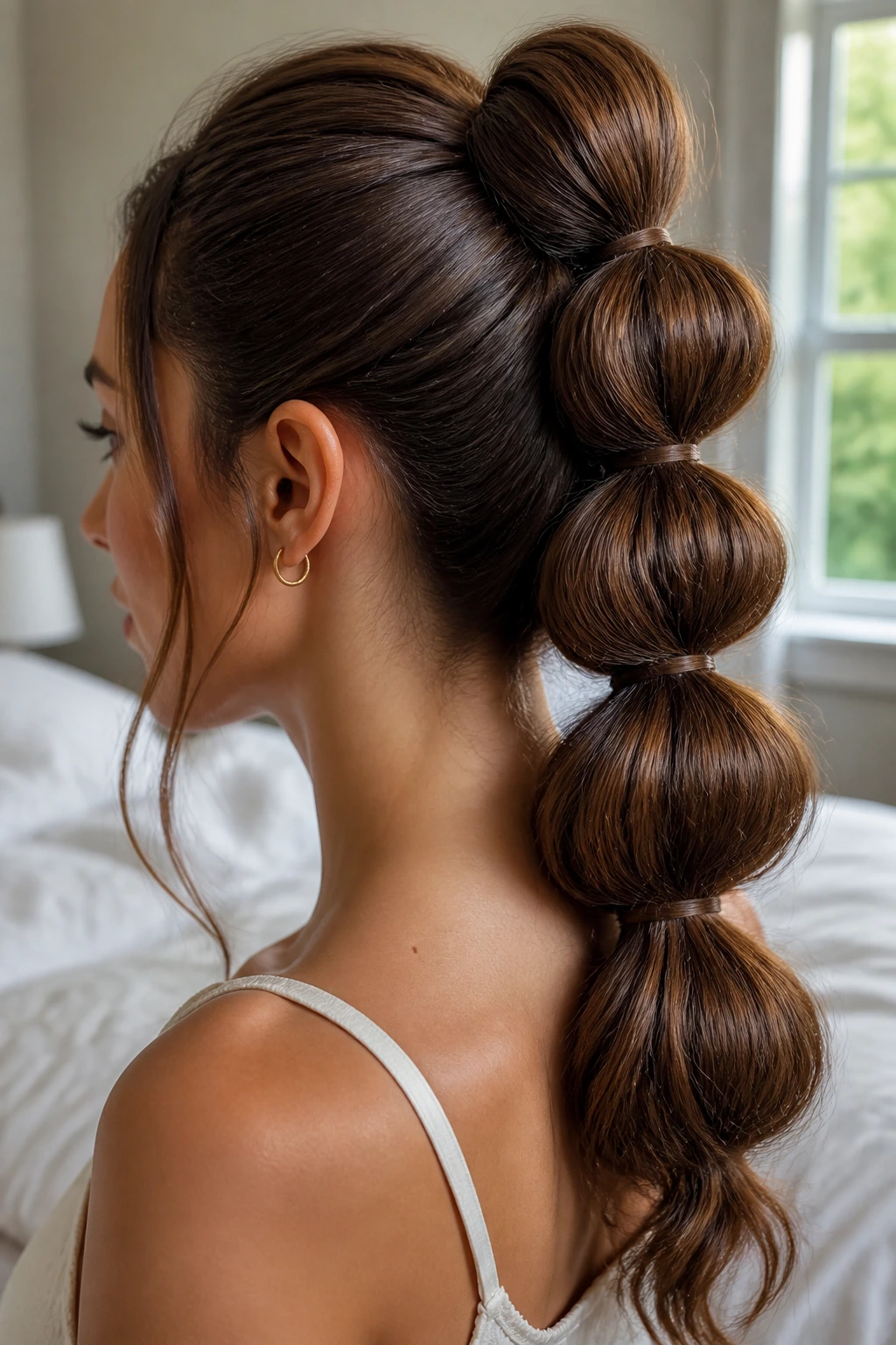Close-up portrait of a real woman wearing a bubble bun hairstyle