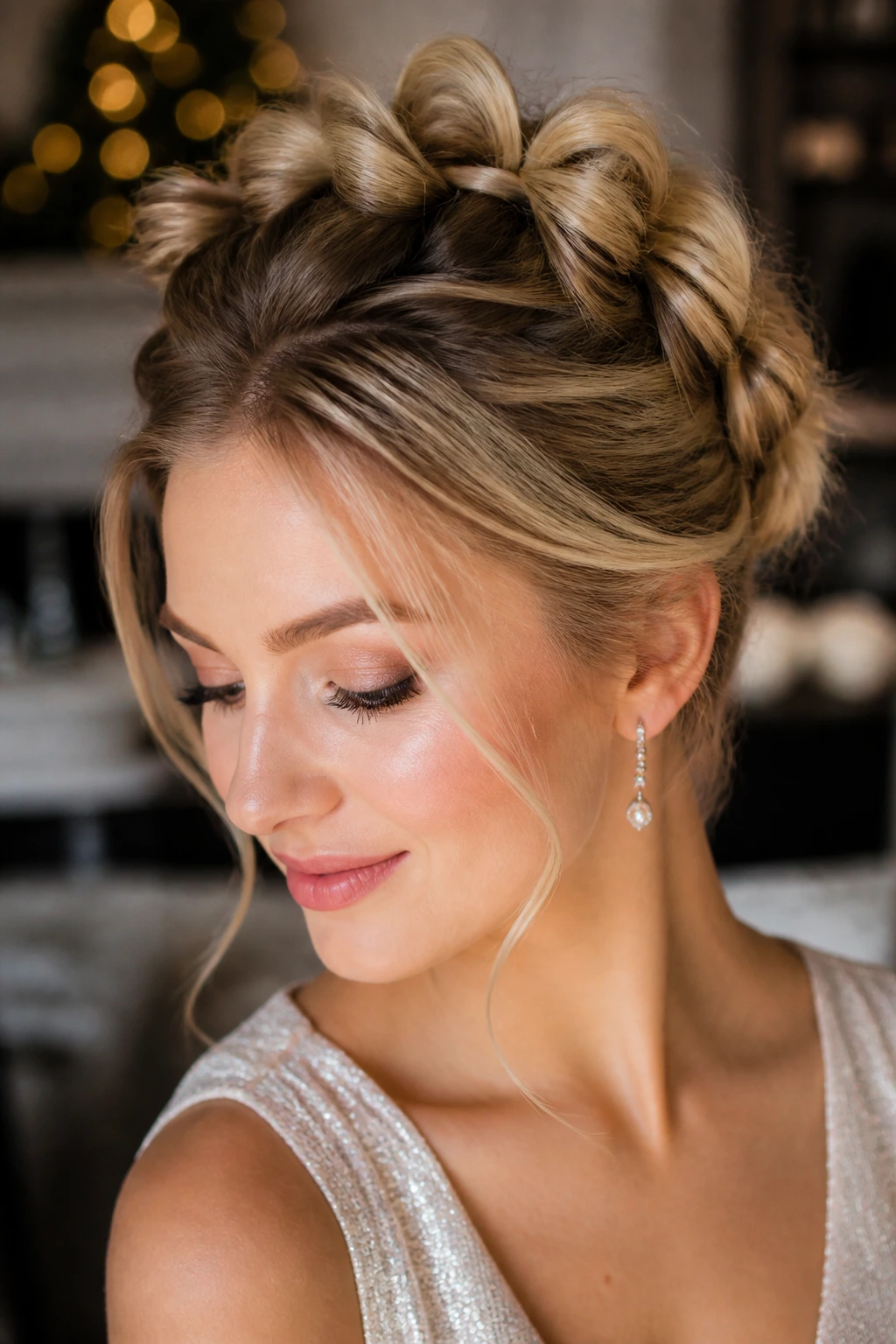 Close-up of a woman wearing a bubble crown updo