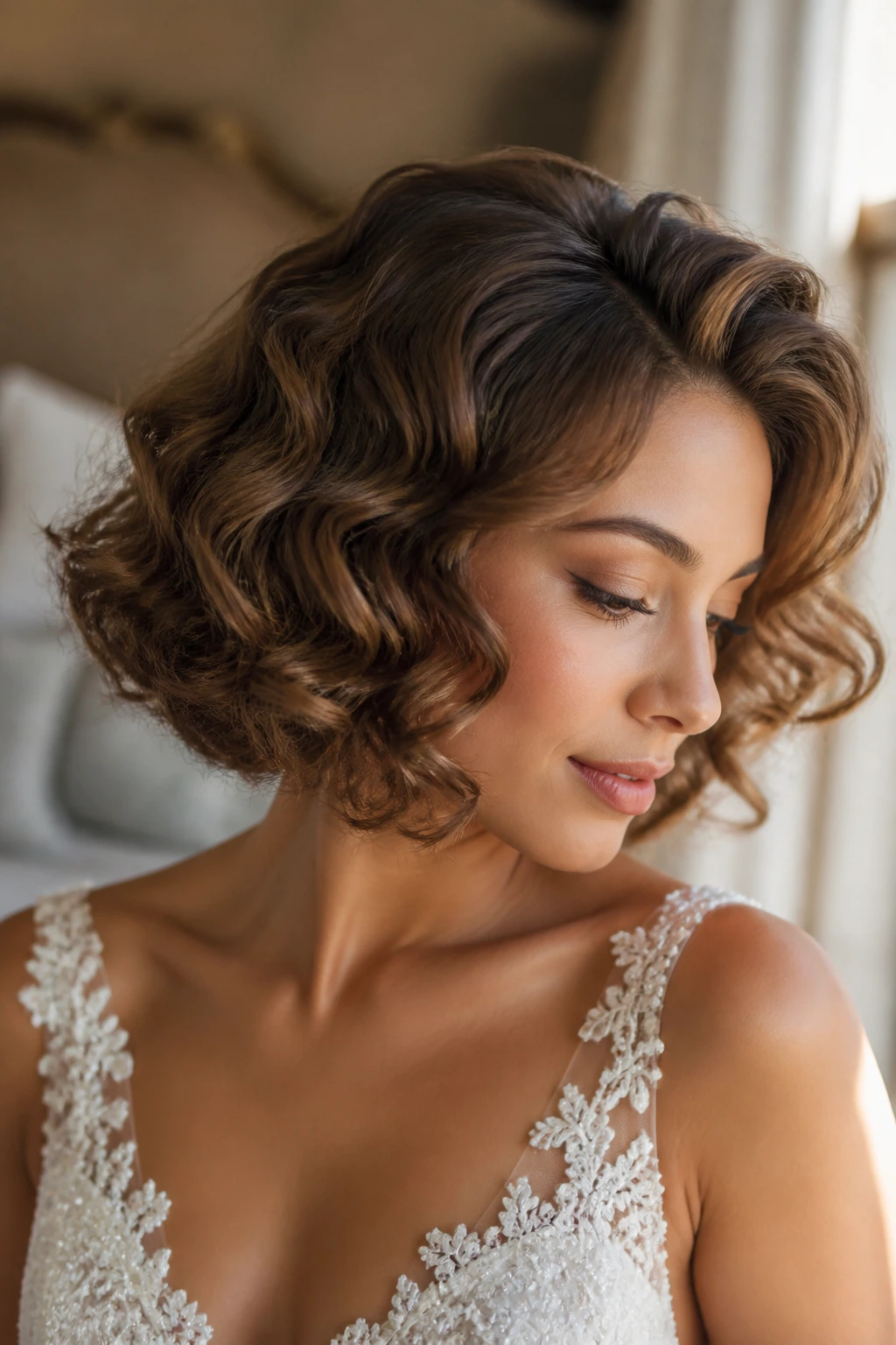 Close-up of a real bride with Bubble Curl Bob