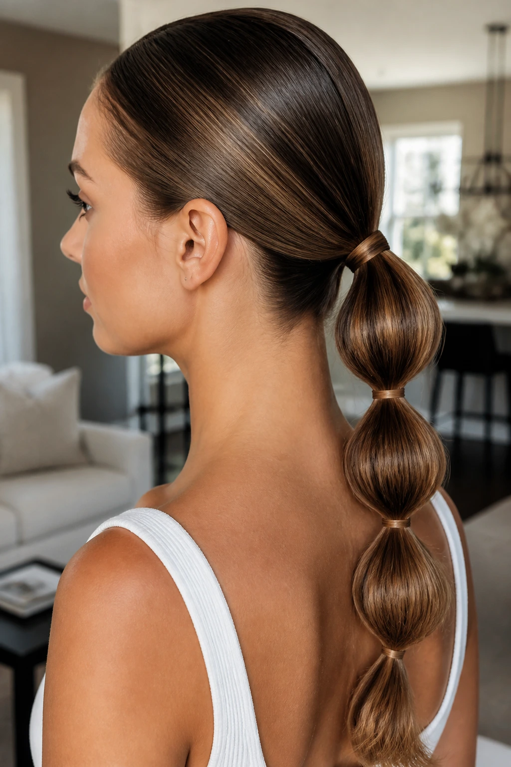Close-up of a woman with a bubble-detail low ponytail.