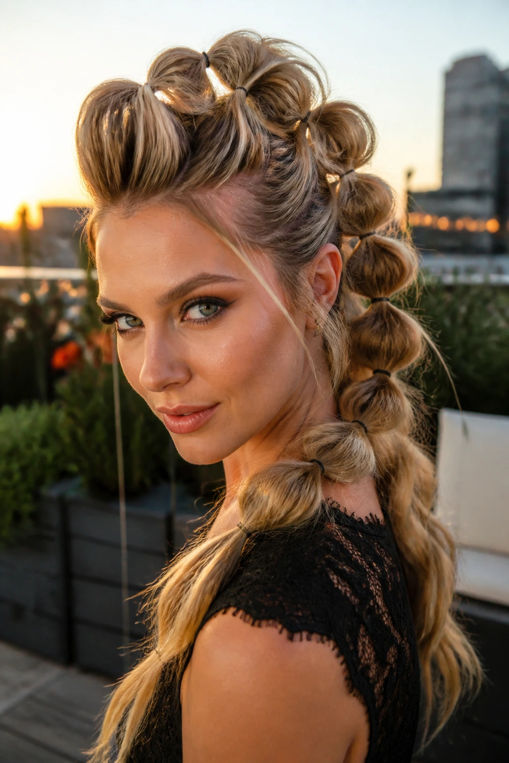 Close-up portrait of a real woman with long hair bubble faux hawk in golden hour outdoor setting