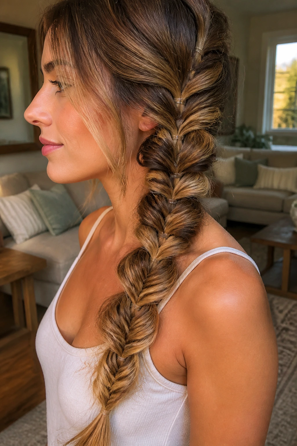 Close-up profile of a real woman's fishtail braid with bubble accents