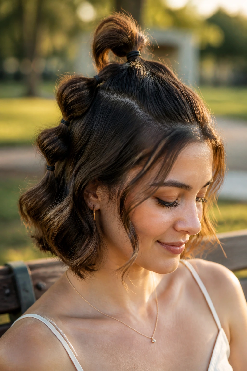 Real woman with a bubble half pony on short wavy hair