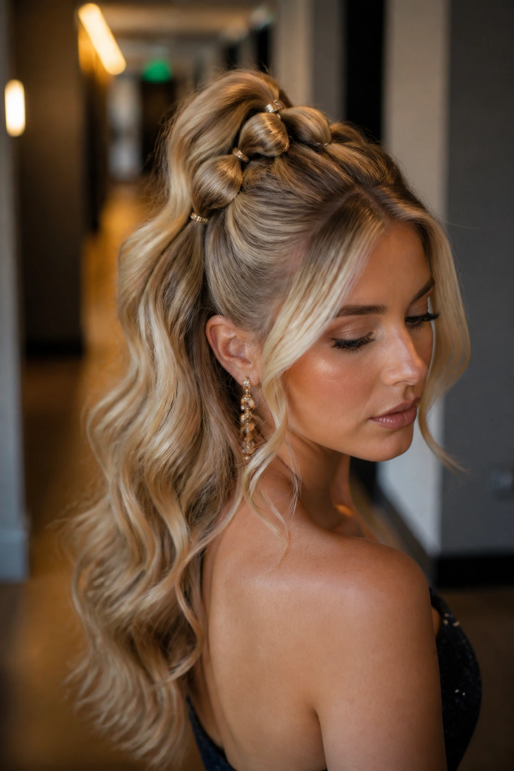Real woman with voluminous bubble half-up pony hairstyle for prom