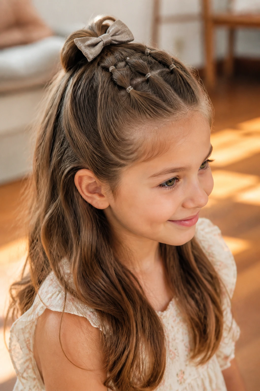 Close-up of a real girl with a bubble half-up ponytail