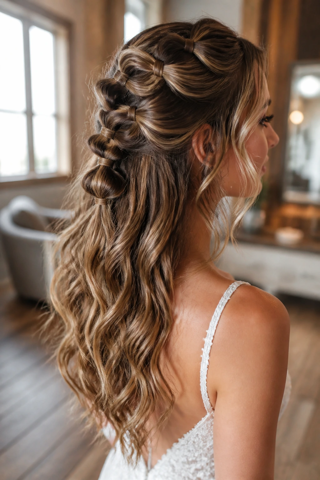 Close-up of a bride's bubble half-up hairstyle with evenly spaced bubbles and soft waves