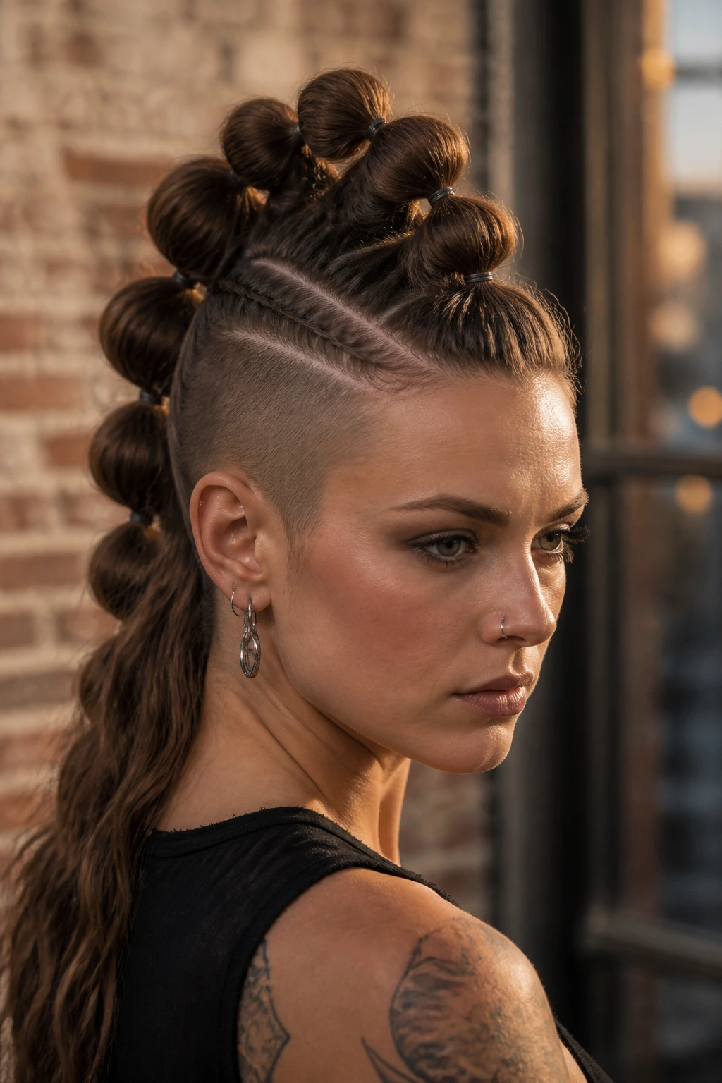 Close-up portrait of a person with a bubble mohawk against a brick wall.