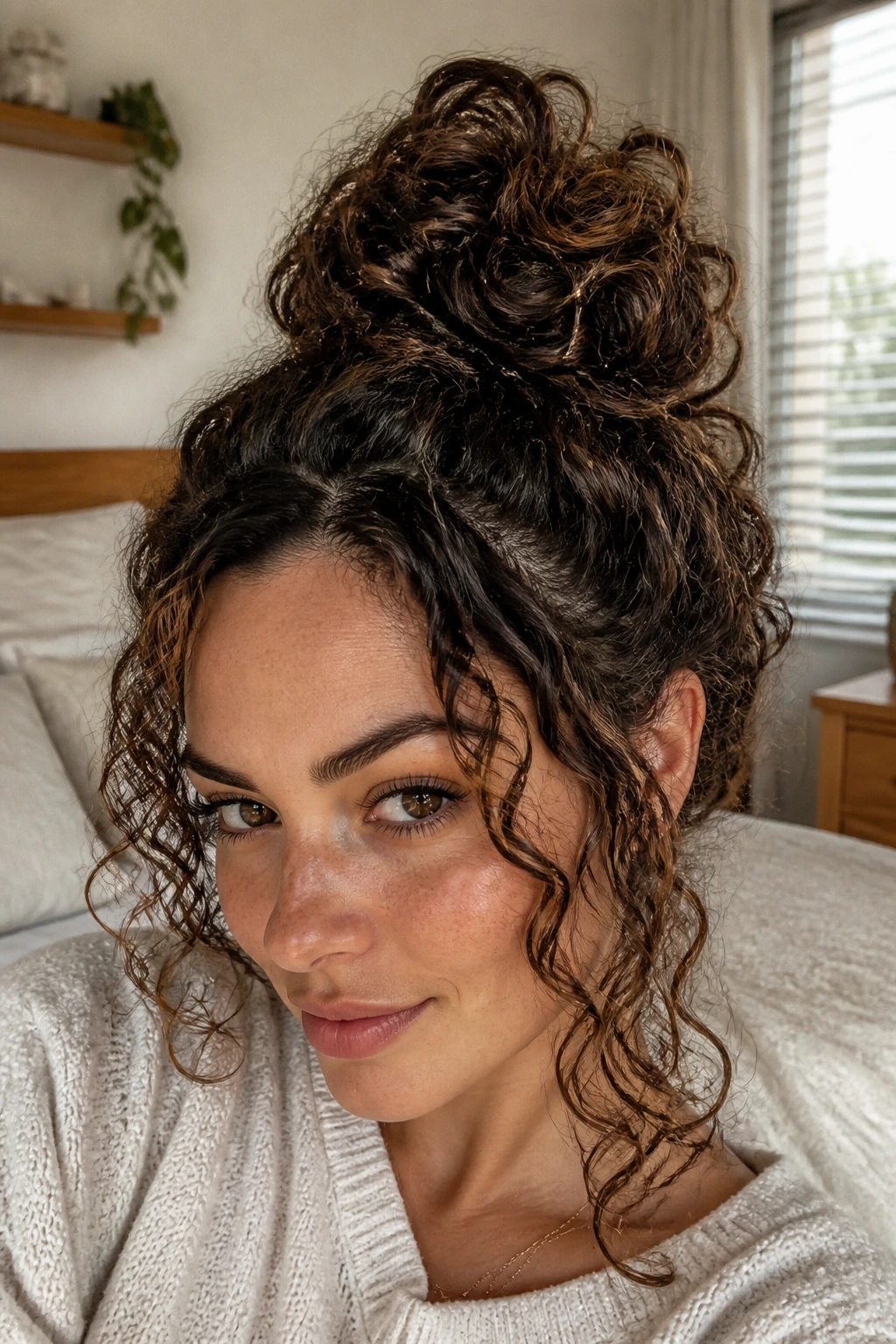 Close-up portrait of a real woman with a bubble-pinned bun, curly hair segmented into bubbles