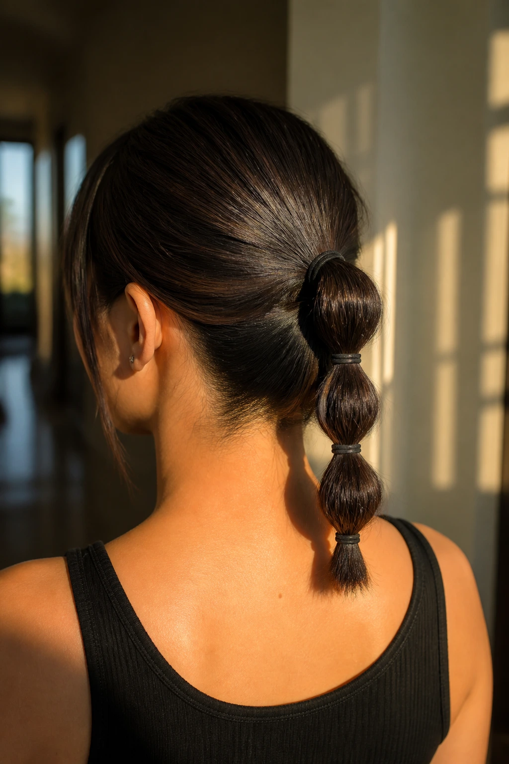 Back-of-head view of a bubble ponytail along a short bob showing distinct bubble segments