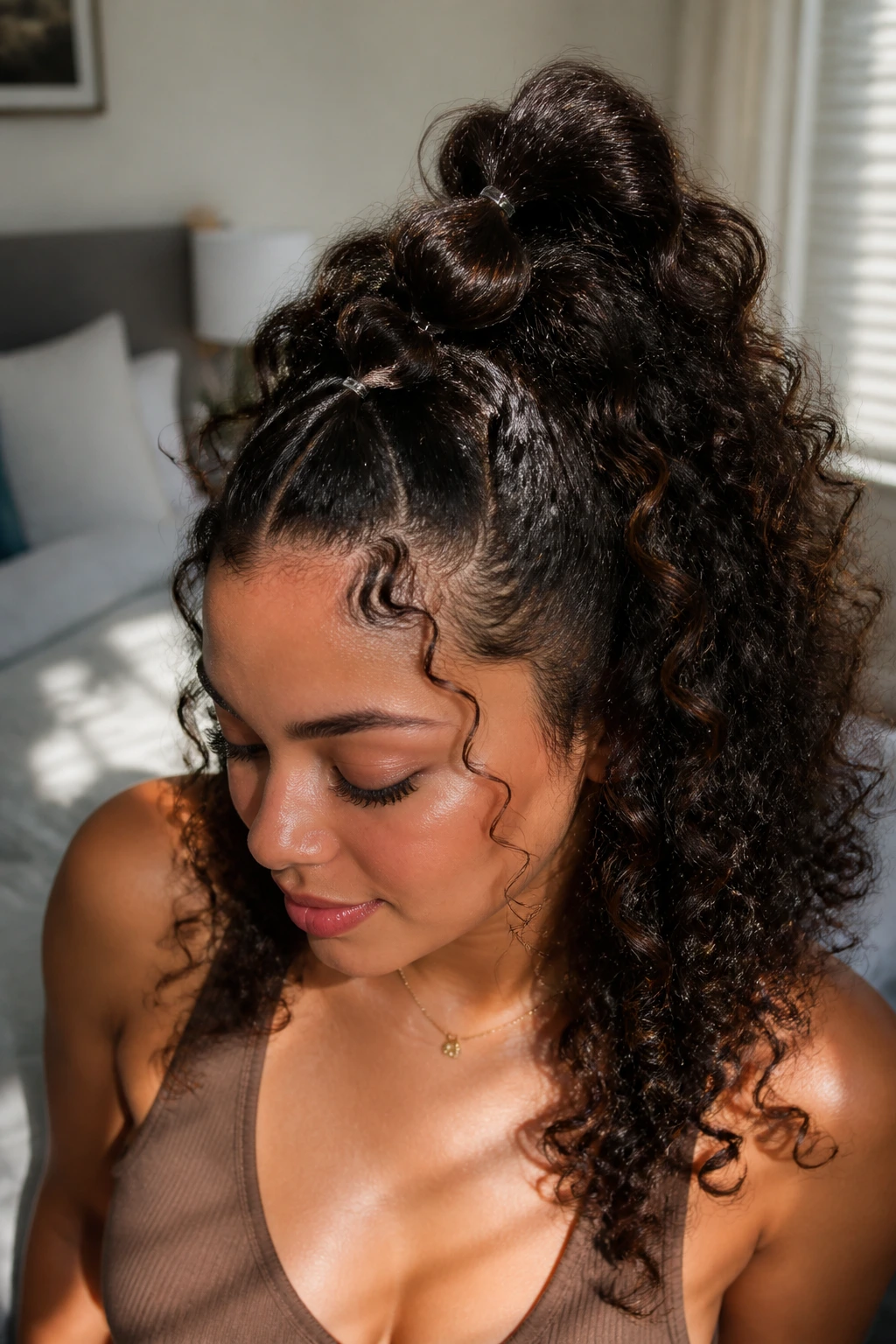 Close-up of real woman with bubble pony half-up hairstyle in natural light