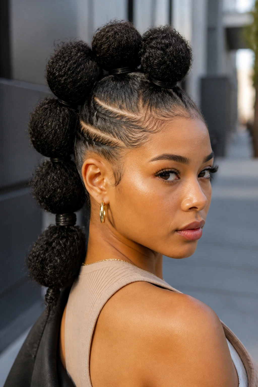 Close-up of a real woman with a bubble pony faux hawk featuring round segmented bubbles along the center ridge.