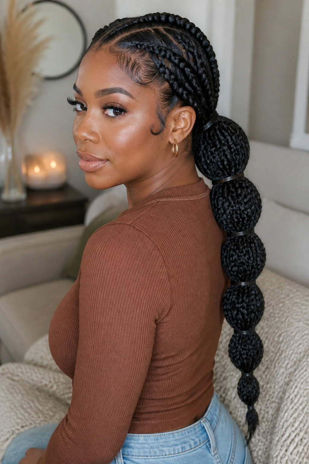 Real woman with low bubble jumbo box braids