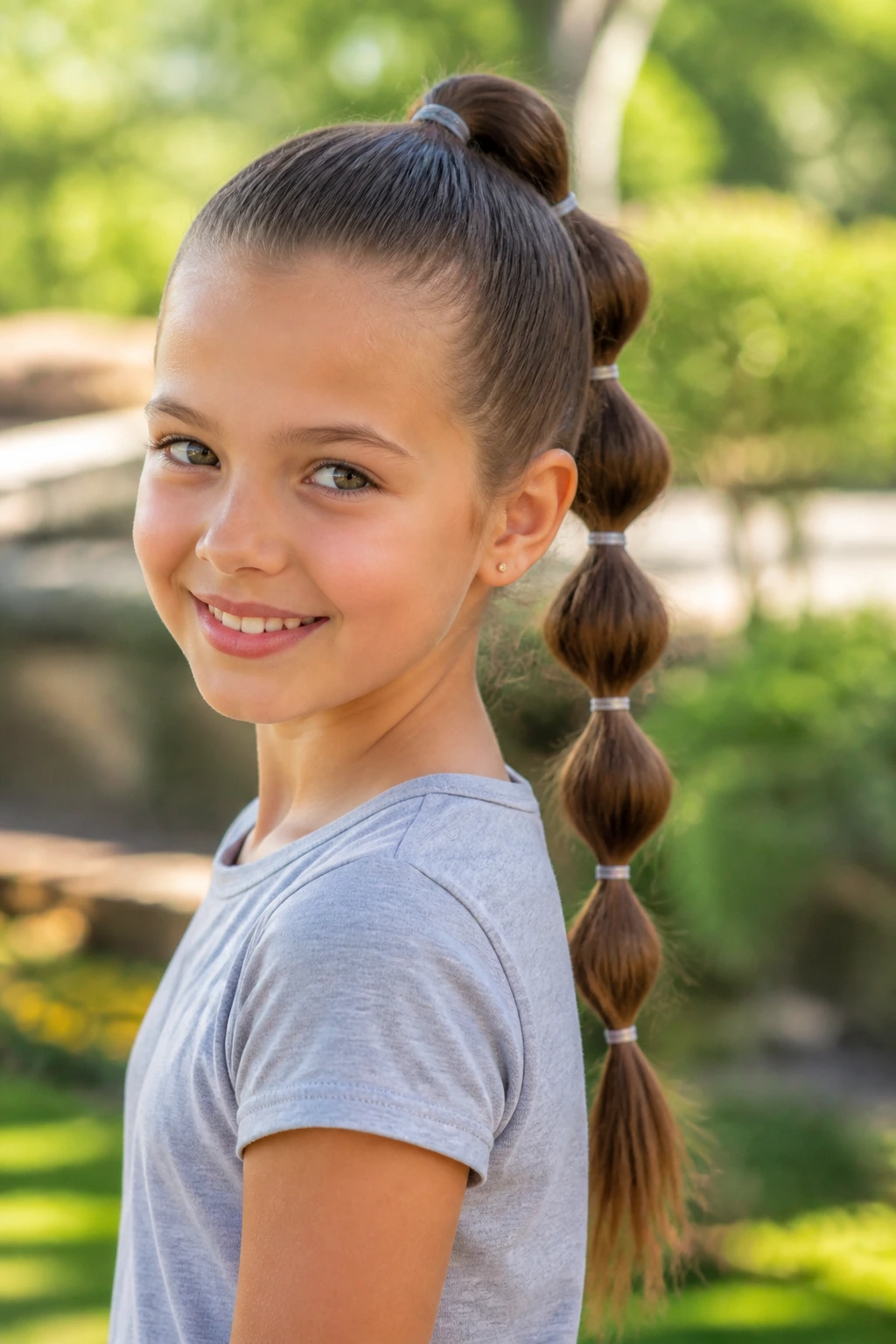 Child with bubble pony hairstyle showing segmented bubbles