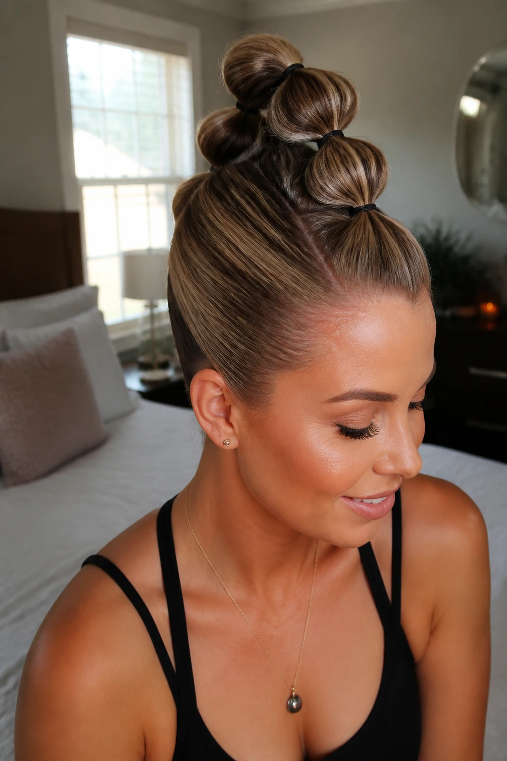 Close-up of a real woman with a bubble pony mohawk