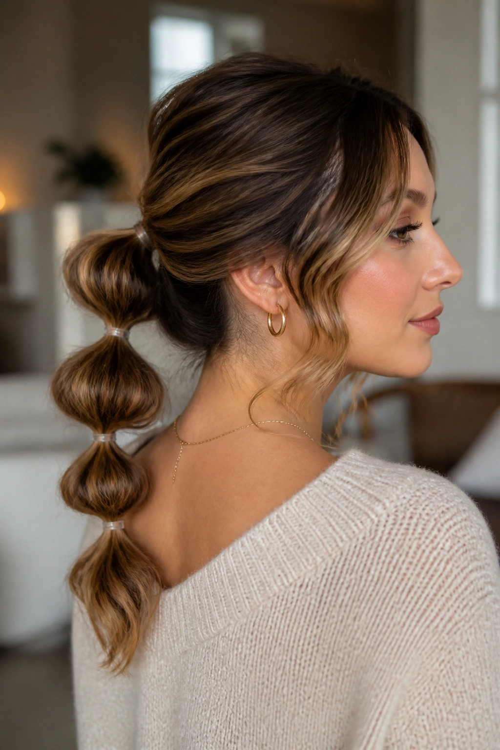 Close-up portrait of a real woman with a bubble pony updo featuring clearly defined bubbles along a low ponytail
