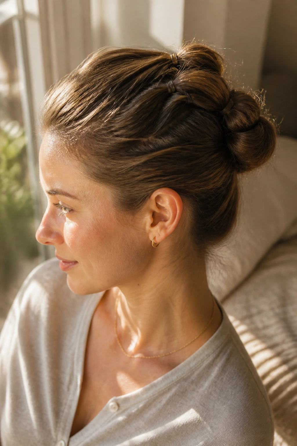 Close-up of a real woman with a tiny bubble pony on short hair, elastics creating bubbles and a tucked roll.